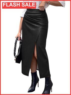 Faux Leather Long Skirt Womens Asymmetrical Pencil Work Office